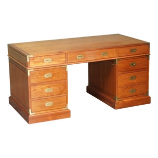 Vintage Teak & Brass Military Campaign Pedestal Desk from Harrods Kennedy For Sale