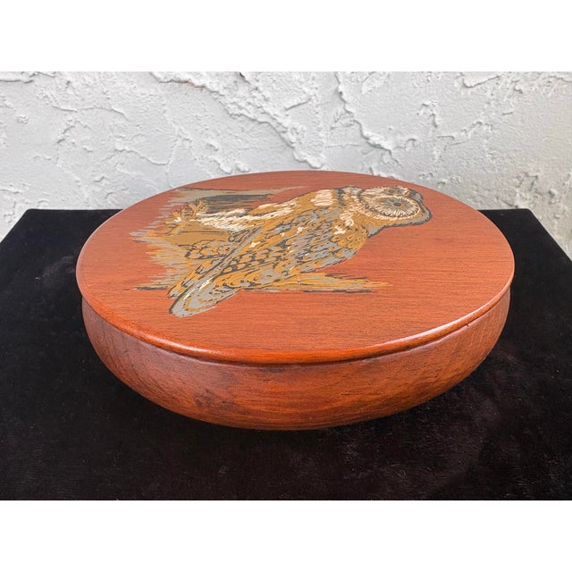 Vintage Hand-Painted Owl Oval Wooden Trinket Box For Sale - Image 4 of 8