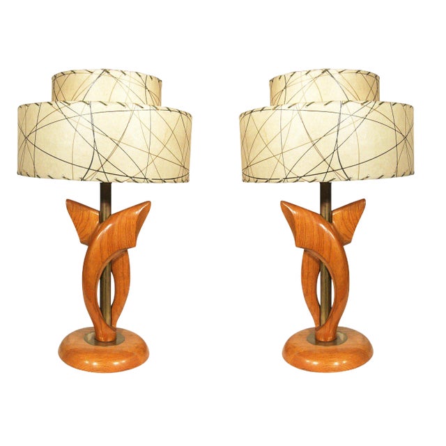 Jascha Heifetz Free-Form Oak and Brass Table Lamps, Pair For Sale