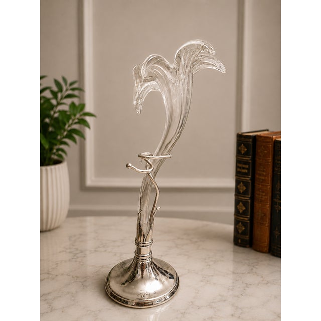 Vintage Hand Blown Art Glass Lily Vase With Silver Plated Stand | 15" Sculptural Floral Bud Vase | Elegant Home Decor For Sale - Image 4 of 6