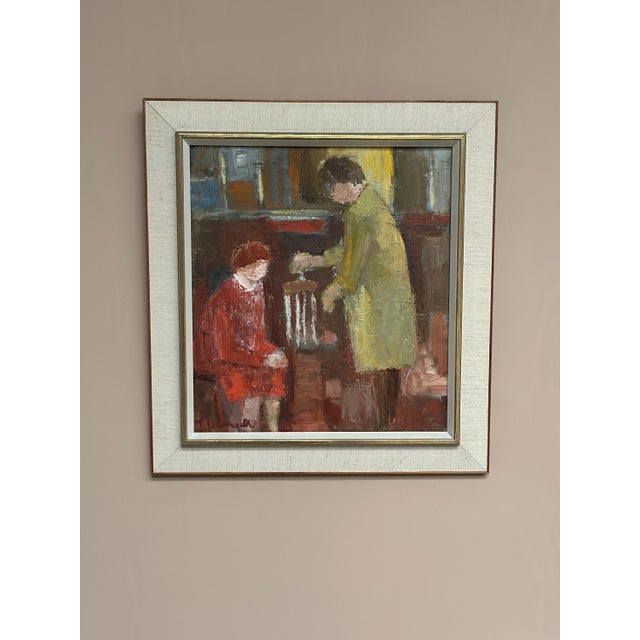 Original Swedish Oil on Canvas – “Conversation” by Ingemar – Signed – Framed – 54 × 59 cm (21.3" × 23.2") A figurative...