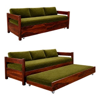 Brazilian Modern Two-in-One Rosewood Sofa & Daybed in Deep Olive Mohair, Celina For Sale