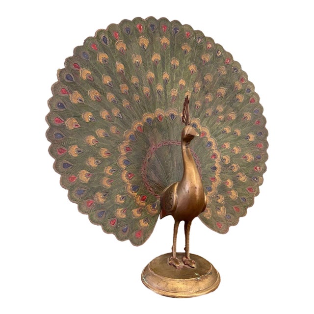 Vintage Hand Painted Etched Possibly Brass Peacock Sculpture Statuette For Sale