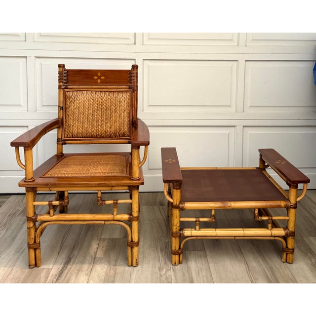 Vintage Bamboo, Rattan & Wood Lounge Chairs With Ottoman, Set of 3 For Sale - Image 14 of 18