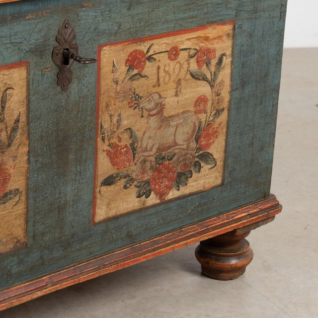 1822 Original Hand-Painted Blue Pine Flat Top Trunk For Sale - Image 12 of 13