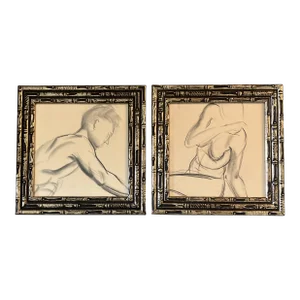 1940’s Original Abstract Expressionist Male& Female Nude Charcoal Study Drawings-A Pair