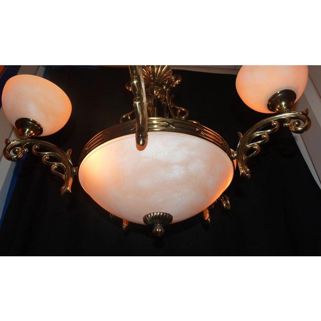 Art Deco Six-Light Chandelier in Brass and Tinted Glass, 1930 For Sale - Image 16 of 18