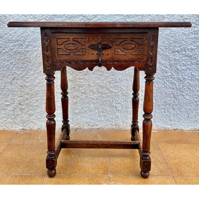 Antique Castilian Oak Side Table With One Carved Drawer, 1920s For Sale - Image 6 of 15