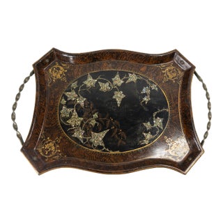 19th Century English Victorian Tole Metal Serving Tray With Mother of Pearl and Faux Grain Design For Sale
