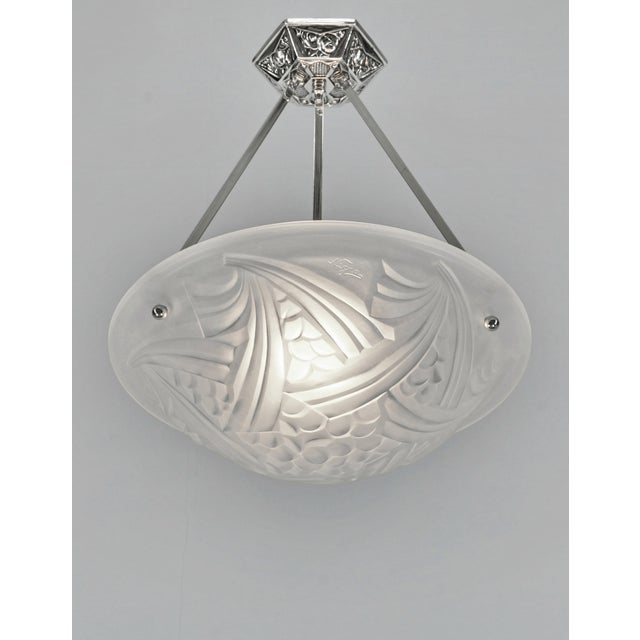 Degué A nice French art deco bowl pendant around 1930 in nickel plated bronze or solid brass. The chandelier holds a nice...