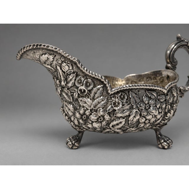 Metal 19th Century Rococo Bigelow, Kennard & Co. Sterling Silver Floral Repoussé Sauce Boat For Sale - Image 7 of 11