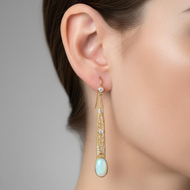 Vintage Inspired Opal Dangle Earrings with colorless topazs. Art Nouveau Style Opal Drop Earrings Silver, gold. Opal Long...