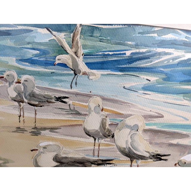 Vintage Signed 1980's "Shoreline Seagulls" Watercolor Painting For Sale - Image 4 of 6