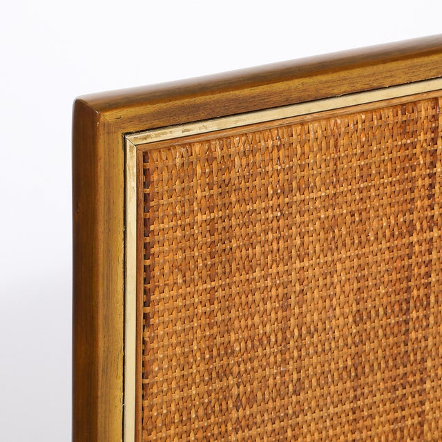 1960s Mid-Century Brass Lined Walnut Settee W/ Cane Detailing & Holly Hunt Upholstery For Sale - Image 5 of 18