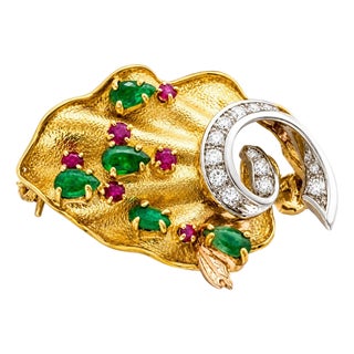 18K Yellow White Gold Diamond Ruby Green Jadeite Brooch Pin Antique Estate For Sale