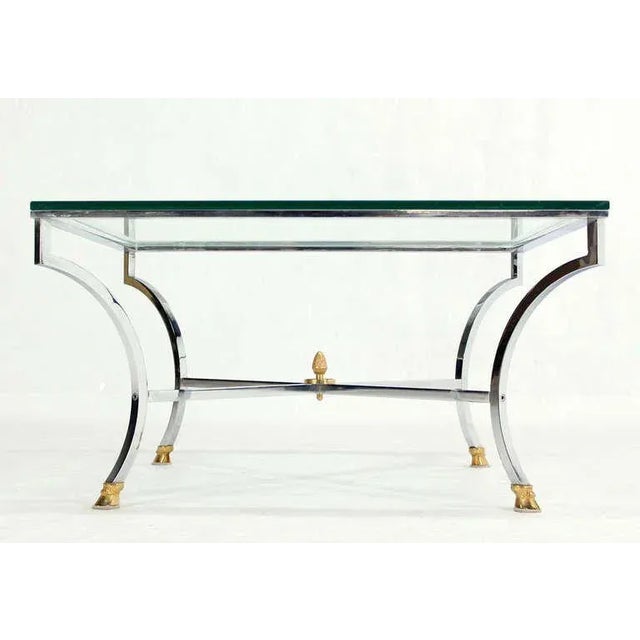 Metal Mid-Century Modern Hoof Brass Feet Chrome and 3/4" Glass Square Coffee Table For Sale - Image 7 of 11