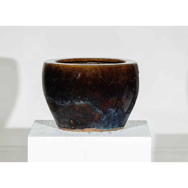 Vintage Brown and Blue Glazed Chinese Stoneware Planter with Rounded Lip For Sale - Image 17 of 18
