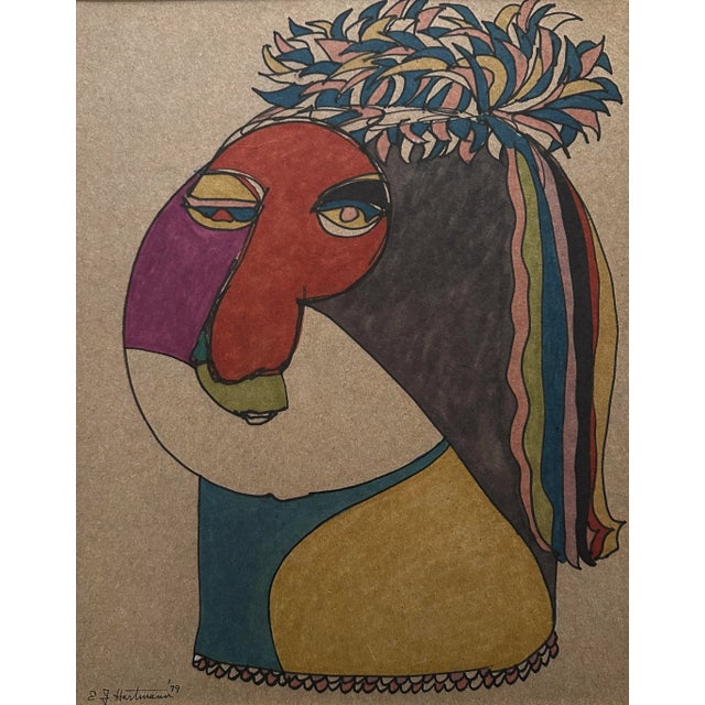 Vintage Abstract Portrait Painting by E.J. Hartmann (American, b. 1925), Signed (1979, Mixed Media on Muscletone). Mixed...