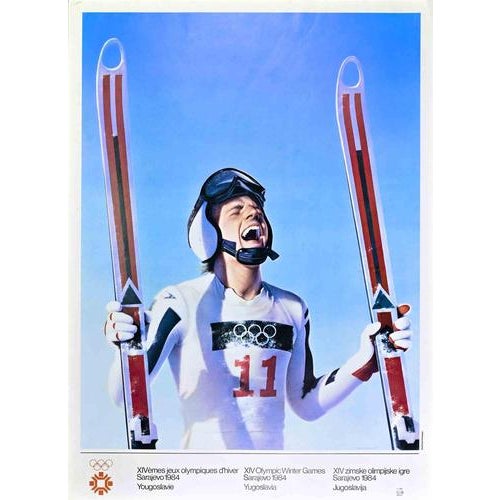 Vintage offset poster realized after Gottfried Helwein in 1983, for the XIV Olympic Winter Games in Sarajevo. This piece...