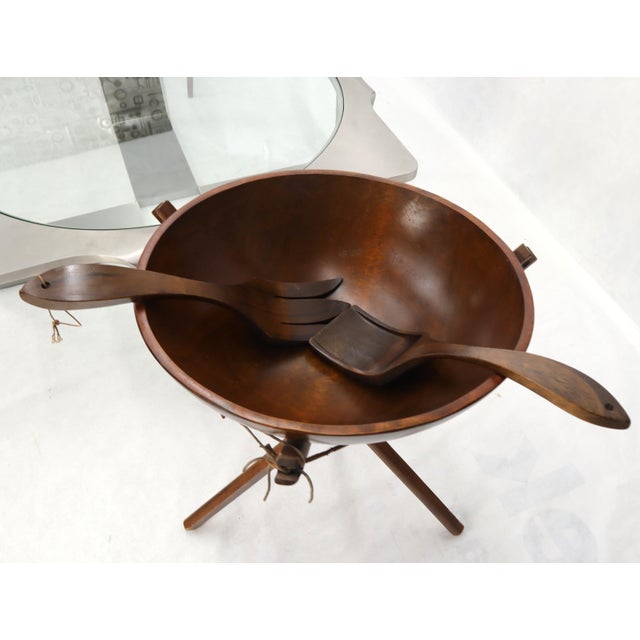 Vermillion Extra Large Turned Teak Wood Salad Bowl on Tripod Stand For Sale - Image 4 of 10