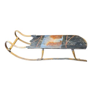 New England Vintage, Antique and Unusual Hand Crafted and Hand Painted Wooden Sled or Trade Sampler With Rustic Waterfall Scene For Sale