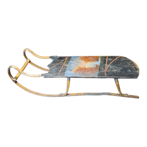 Vintage Hand Painted Wooden Sled With Rustic Waterfall Scene