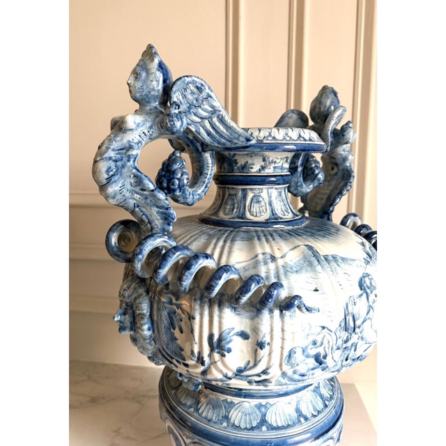 Ceramic Large Vintage Cantagalli Italian Majolica Blue White Delft Style Pottery Vase Jar or Urn Serpent Handles 23"h For Sale - Image 7 of 18