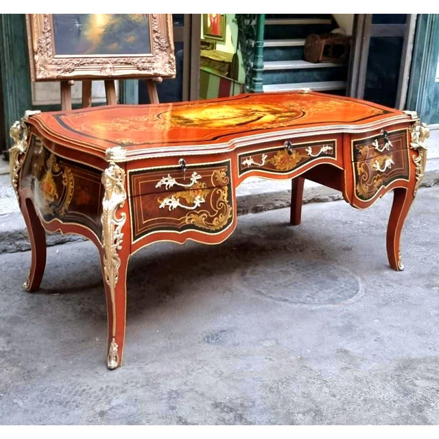 French Rococo Executive Desk – Ornate Wood Desk With 5 Drawers, Gold Leaf & Bronze Details For Sale - Image 4 of 4