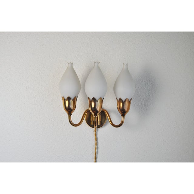 Gold Three-Arm Brass and Opaline Glass Tulip Wall Lamp from Fog & Mørup, 1950s For Sale - Image 8 of 8