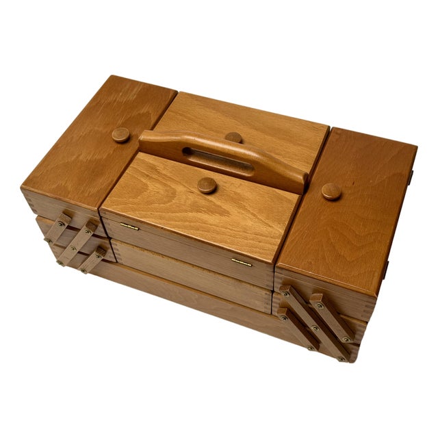 Mid-Century Romanian Beechwood Cantilever Sewing Box, 1970s For Sale