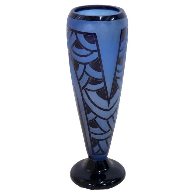 Art Deco Blue Water Vase with Pattern by Schneider, French, 1920s For Sale