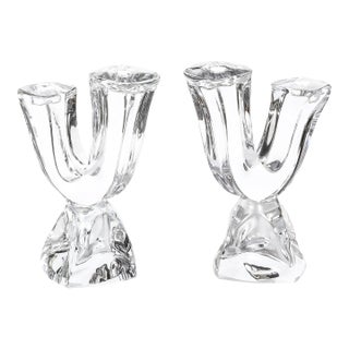 Pair of Mid-Century Modernist Sculptural Crystal Candelabras Signed Daum For Sale