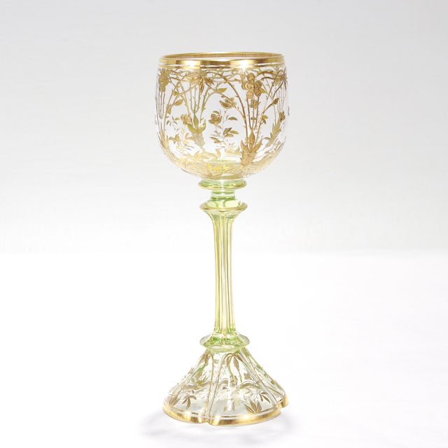 Glass 1900 Set of 6 Gilt German or Bohemian Art Nouveau Clear & Green Glass Wine Goblets For Sale - Image 7 of 18