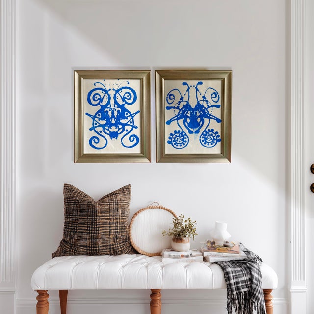 Medium: Acrylic paint on Rice Paper Frame size: 14" x 17" Style: Abstract, Rorschach-inspired, modern minimalist Frame:...