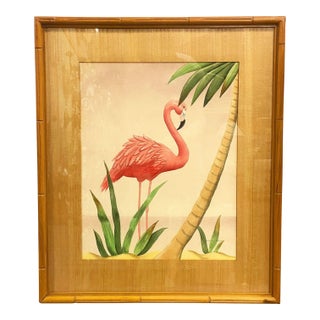MCM Peeking Pink Flamingo Watercolor on Paper Signed by Shirrell Graves, Framed For Sale