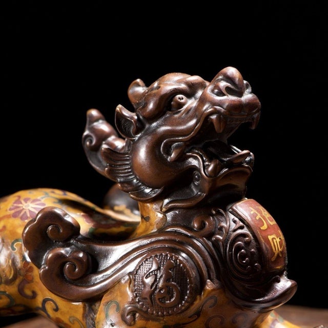Late 20th Century Pair of Vintage Cloisonné Enamel Pixiu Statues With Gilt Bronze Accents For Sale - Image 5 of 9