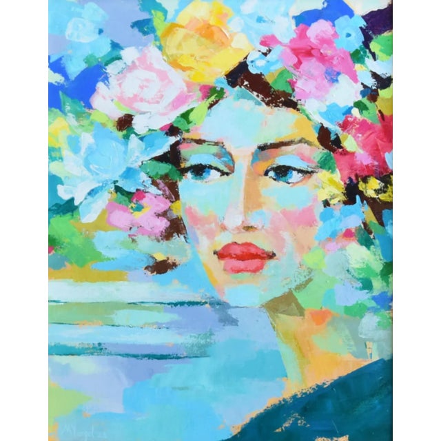 Contemporary, modern original one-of-a-kind portrait oil painting of a beautiful lady with a headdress crown of colorful...