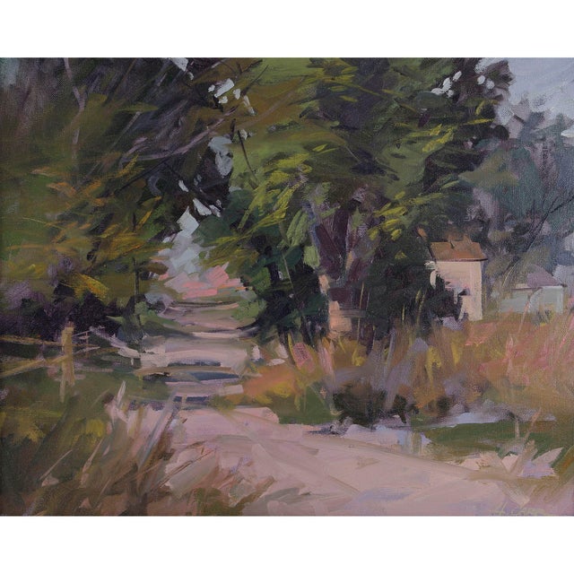 Vintage unsigned Tree Lined Driveway oil painting, circa 1980-90. This vintage painting is attributed to Howard Carr and...
