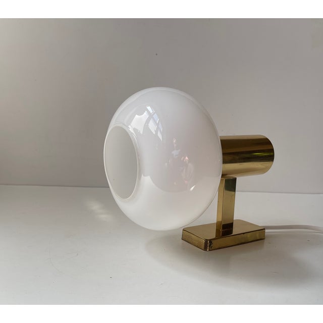Metal Vintage Scandinavian Brass Wall Lamp with Opaline Glass Mushroom Shade, 1960s For Sale - Image 7 of 10