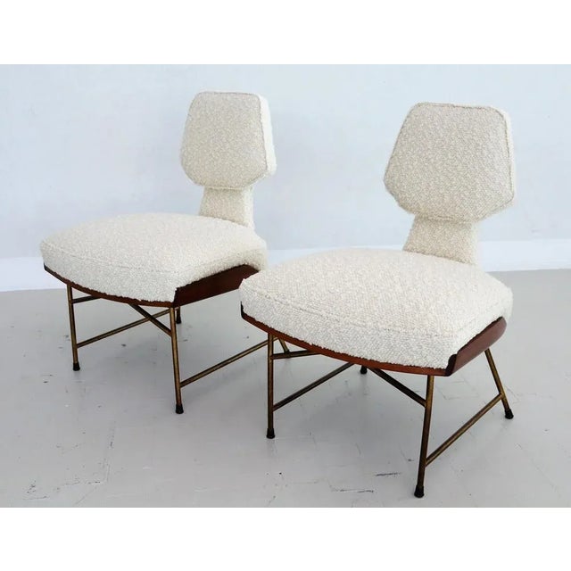 Mid-Century Italian Wood & Bouclé Slipper Chairs & Footstool, 1950, Set of 3 For Sale - Image 9 of 18