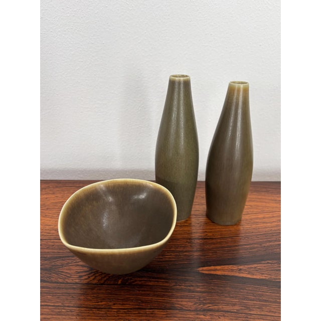 Scandinavian stoneware vase and bowl set designed by Per Linnemann-Schmidt and made in his Palshus workshop in Denmark....