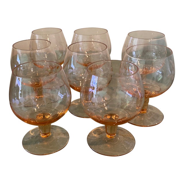 Vintage Rose-Colored Etched Stemware- Set of 8 For Sale