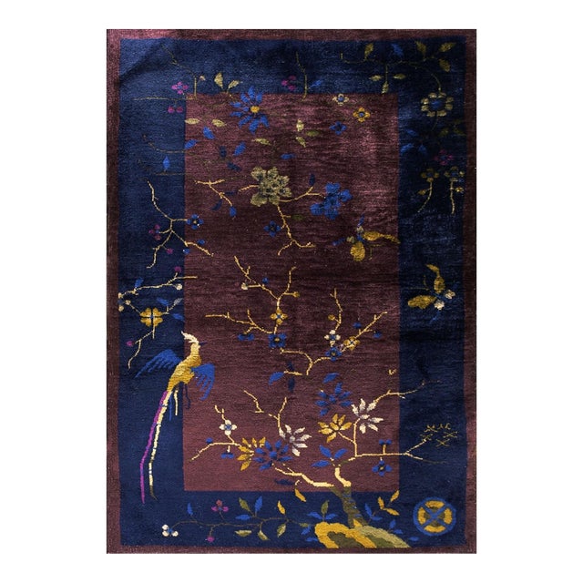 1920s Purple Bold Tree Bird of Paradise Pattern Small Antique Chinese Deco Rug For Sale
