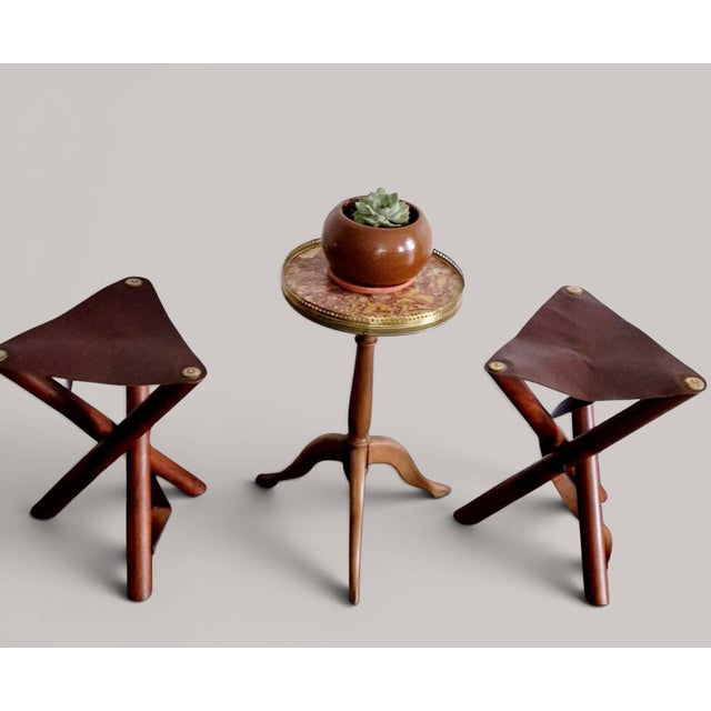 Rustic Folding Stools in Teak and Brown Leather, 1970s, Set of 2 For Sale - Image 3 of 18