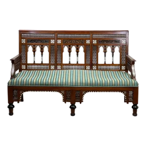 Antique Early 20th Century Moorish Settee With Bone and Mother of Pearl Inlay