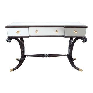 Hollywood Mirrored Desk or Vanity by Grosfeld House in Ebonized Walnut and Brass For Sale