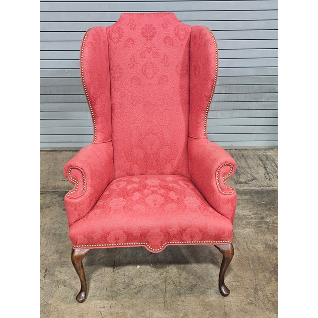 Baker Mahogany Queen Anne Style Wing Chair Damask Needlepoint Fabric For Sale In Cleveland - Image 6 of 10