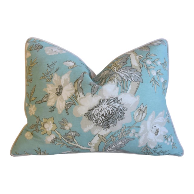 Blue, White & Gray Designer Thibaut Botanical Floral Tree of Life Feather/Down Pillow For Sale