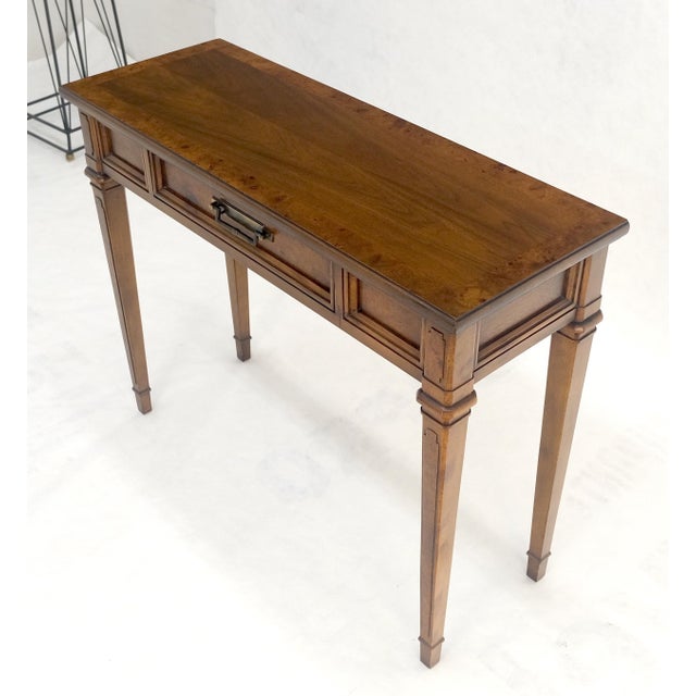 Very Fine Burl Wood Compact One Drawer Tapered Legs 36" Wide Console Table MINT For Sale - Image 16 of 17
