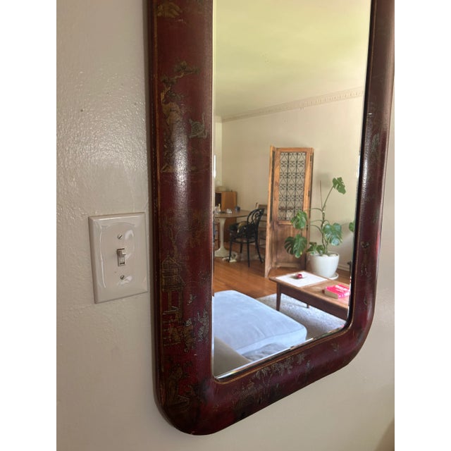 Hand painted leather over wood chinoiserie mirror, probably Chinese, circa 1950s. Retains warm original patina.